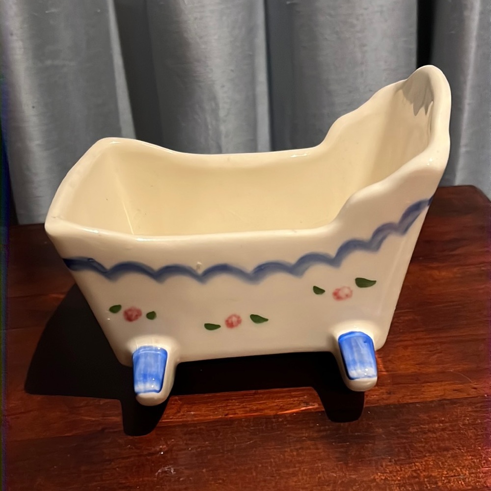 Vintage Planter, Cradle on Rockers Decorated with Blue Bows & Pink Flowers Roses